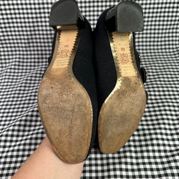 Tory Burch Marisa Low Heel Black Gold Wool Strappy Mary Jane Pumps Women's 6 - Picture 4 of 5